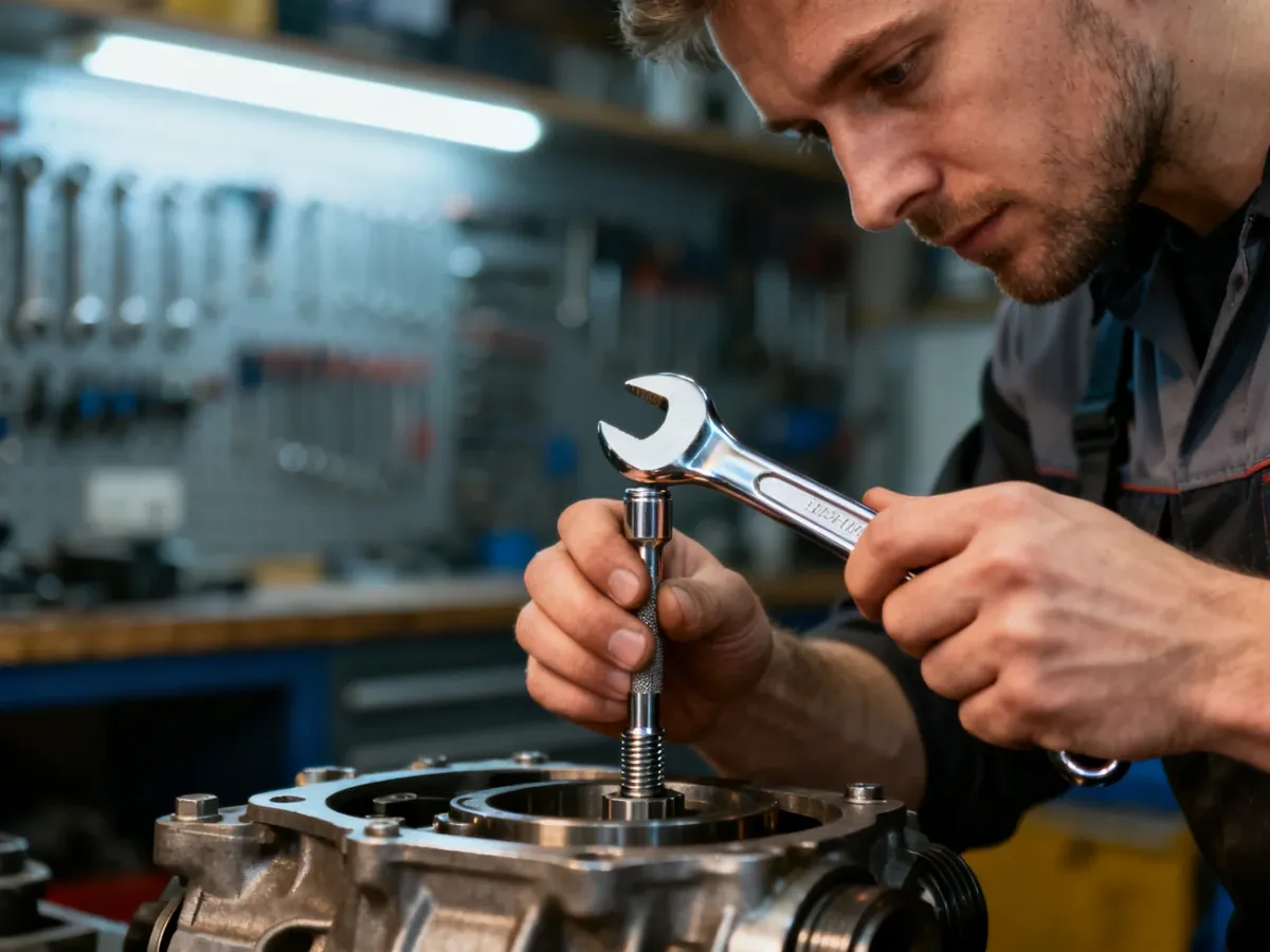 Mechanik używający chromowanego klucza nasadowego przy pracy nad częścią mechaniczną w profesjonalnym warsztacie.