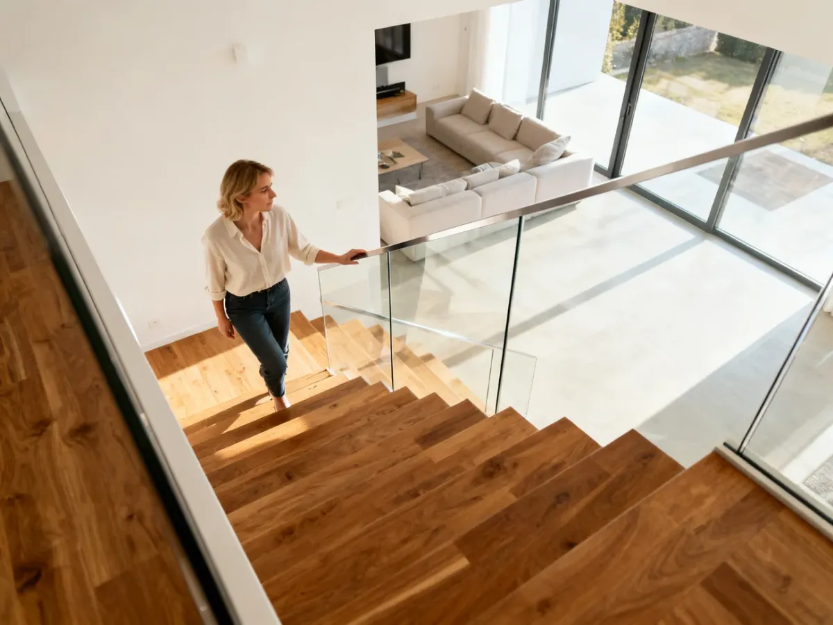 Nowoczesne drewniane schody z przeszkloną balustradą w jasnym, minimalistycznym wnętrzu domu.