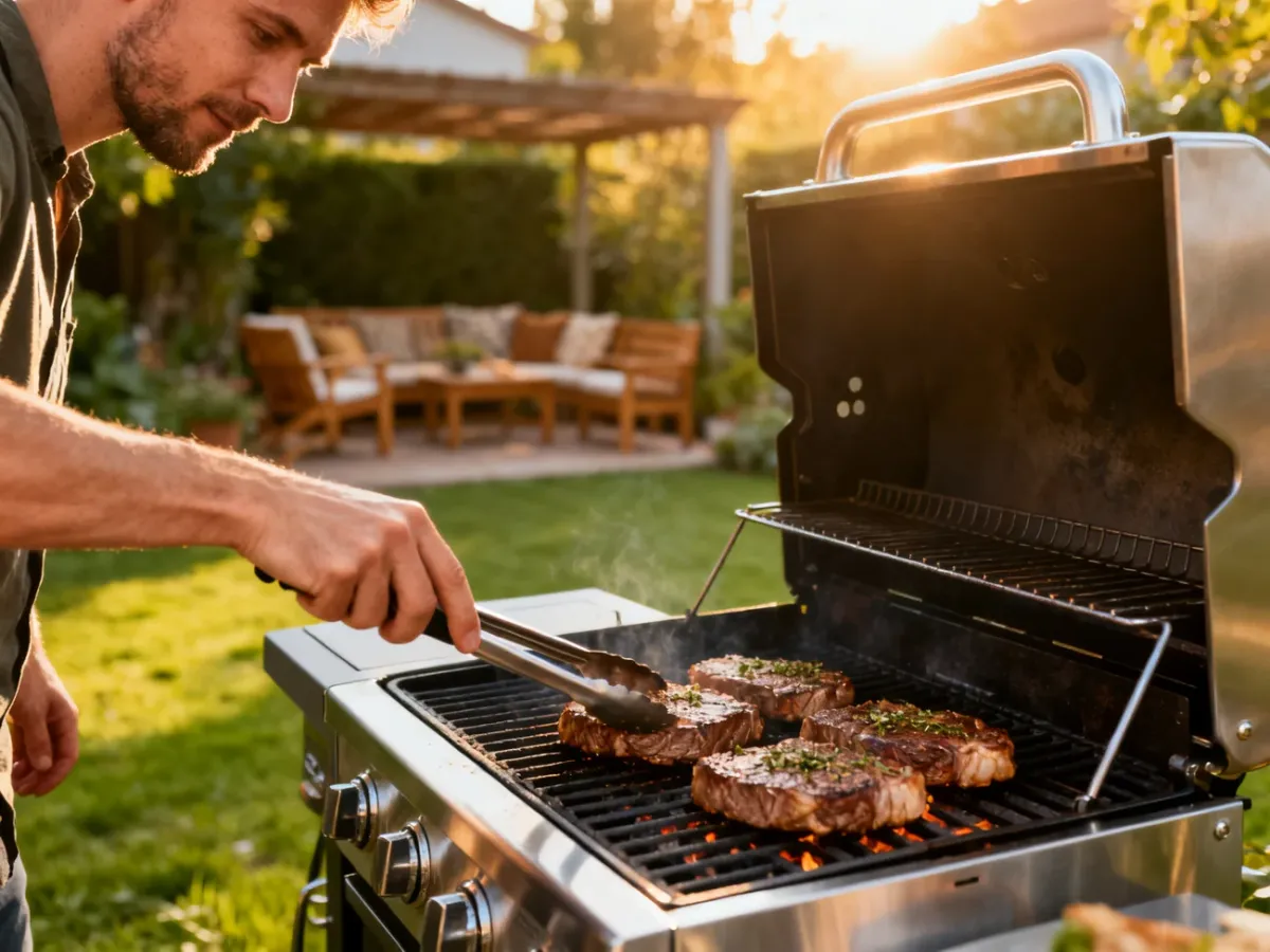 Mężczyzna przygotowuje steki na nowoczesnym grillu węglowym w słonecznym ogrodzie.