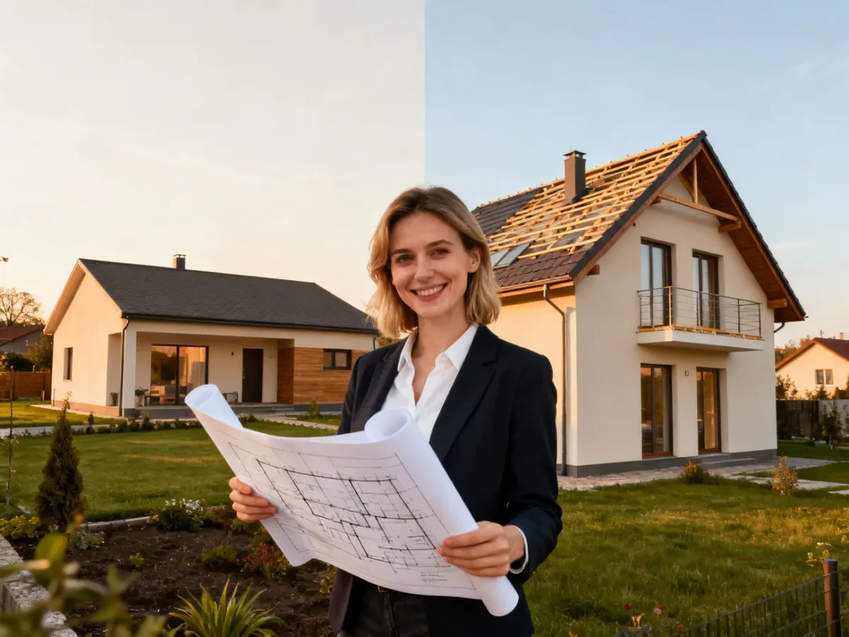Porównanie nowoczesnego domu parterowego i domu z poddaszem użytkowym z architektką trzymającą plany budowy.