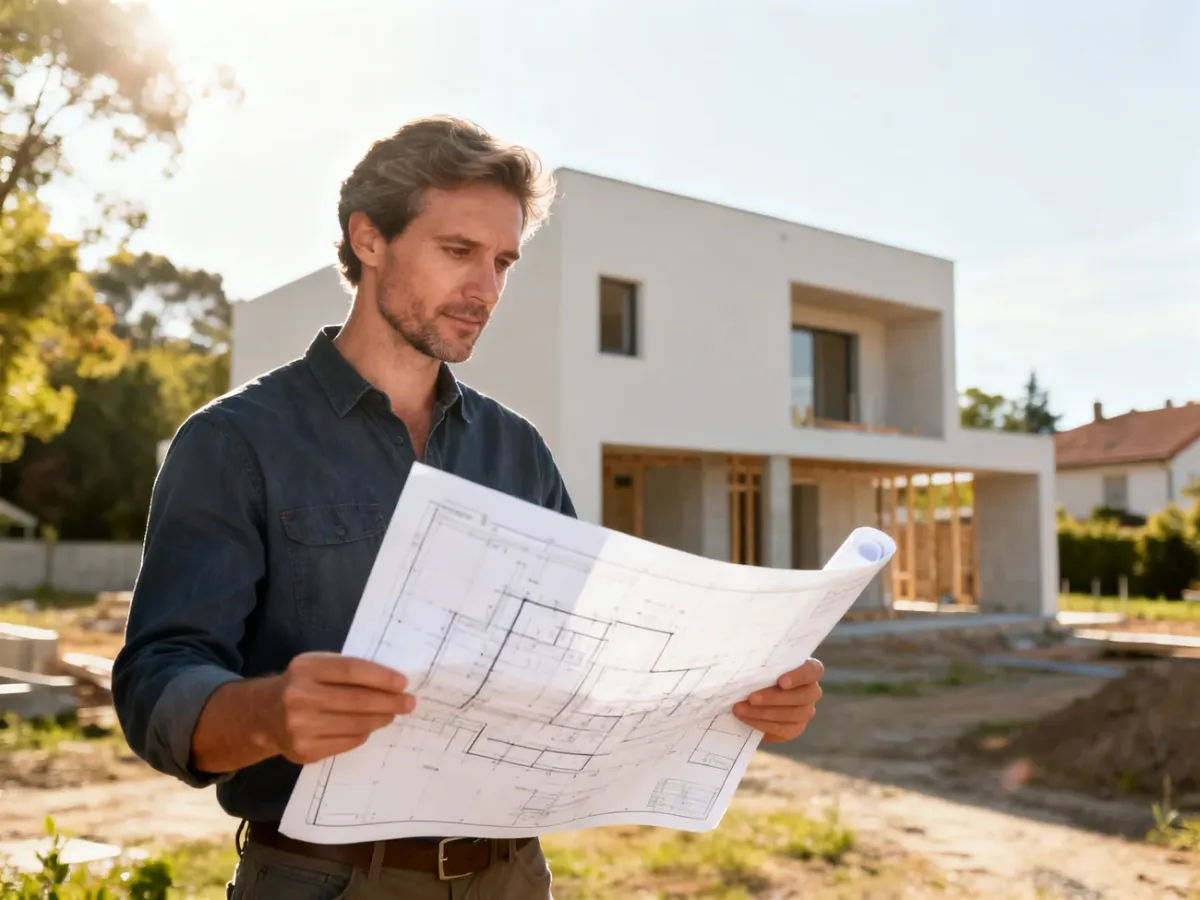 Architekt z projektem domu na tle nowoczesnej budowy w słoneczny dzień.