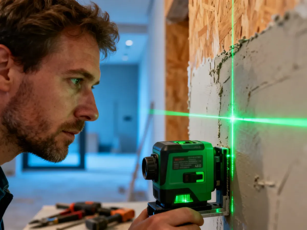 Mężczyzna używa profesjonalnej poziomicy laserowej z zieloną wiązką, wyznaczając linię na otynkowanej ścianie podczas remontu.