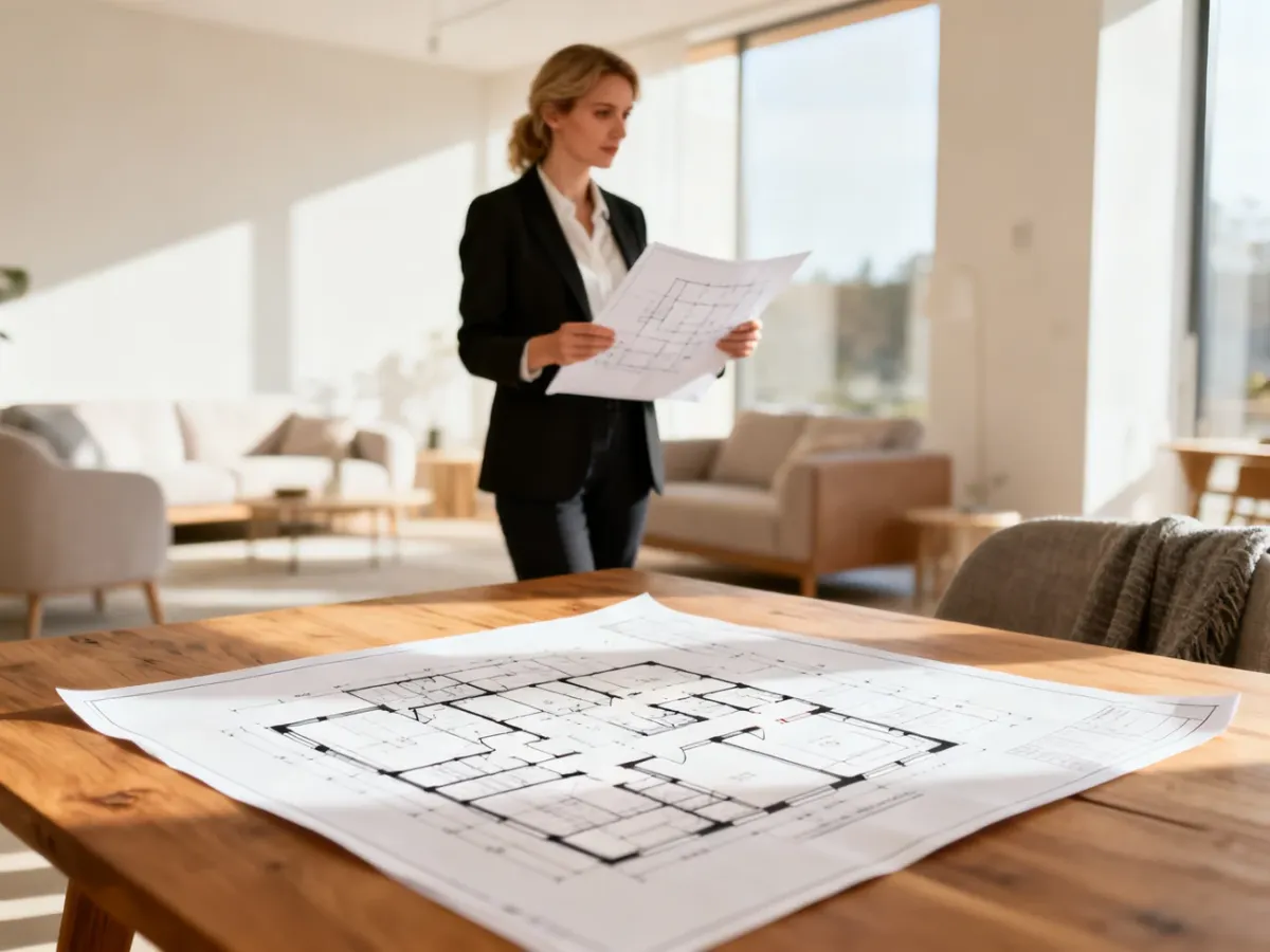 Projektantka wnętrz z planem architektonicznym w nowoczesnym salonie, prezentująca proces planowania układu pomieszczeń.