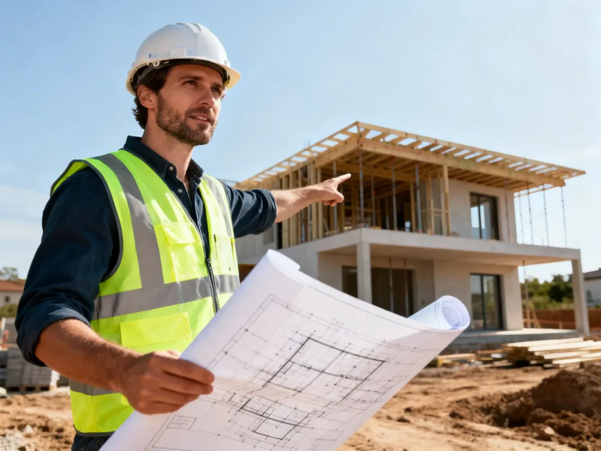 Kierownik budowy w kasku i kamizelce odblaskowej omawia projekt architektoniczny na tle powstającego domu.