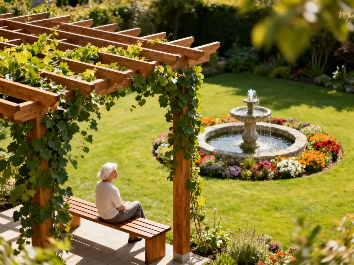 Nowoczesna pergola z ławką i kamienna fontanna w zadbanym ogrodzie, stanowiące inspirację dla małej architektury.