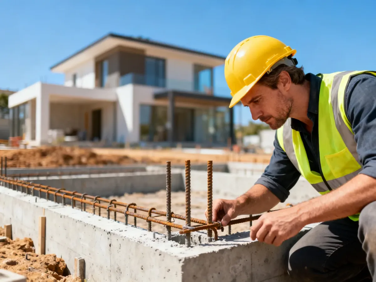 Kierownik budowy w kasku kontroluje zbrojenie i fundamenty betonowe na placu budowy nowoczesnego domu.