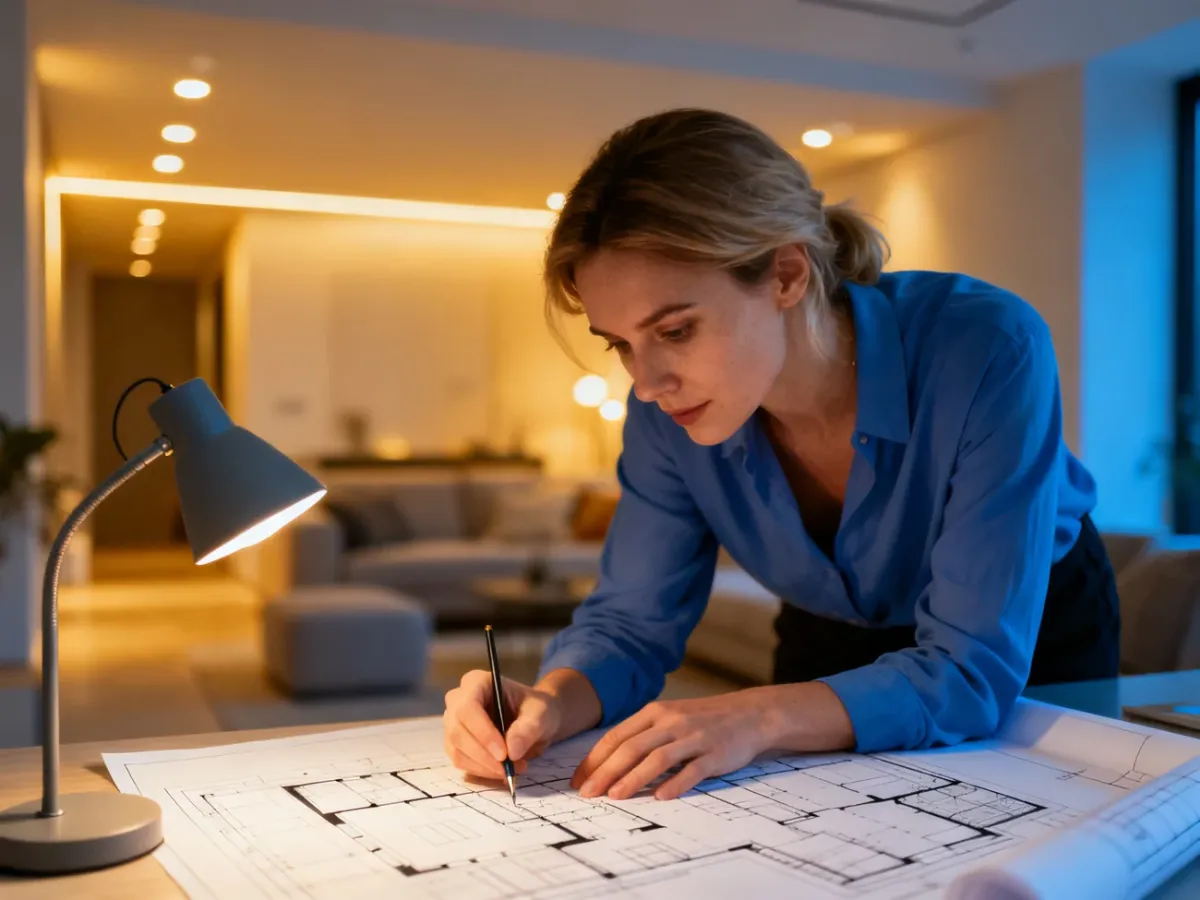Projektantka wnętrz analizuje plan oświetlenia na projekcie architektonicznym w nowoczesnym salonie.