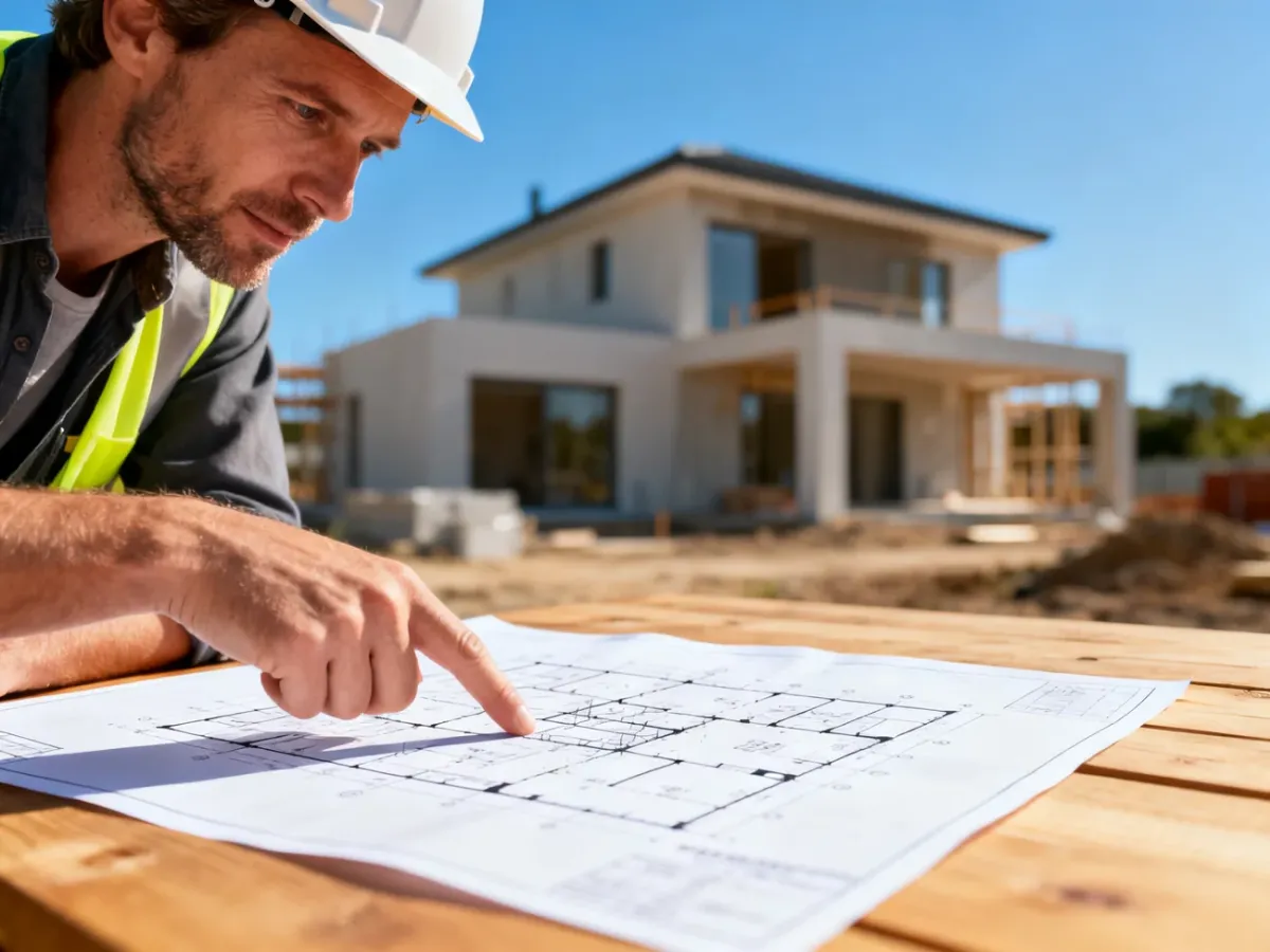 Architekt w kasku wskazuje szczegóły projektu budowlanego na tle powstającego domu, planując kolejne etapy inwestycji.
