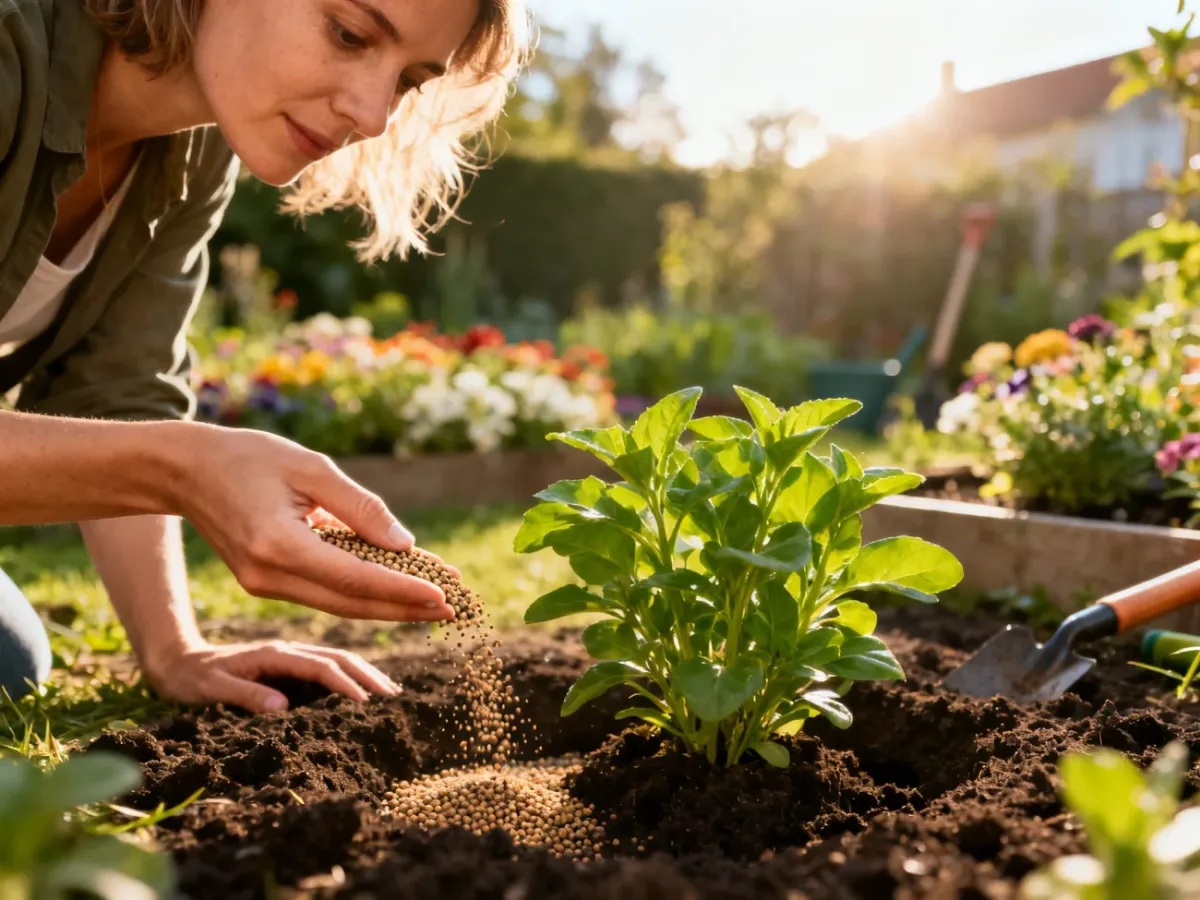 Kobieta rozsypuje nawóz organiczny wokół rośliny w ogrodzie, dbając o prawidłowe odżywienie gleby.