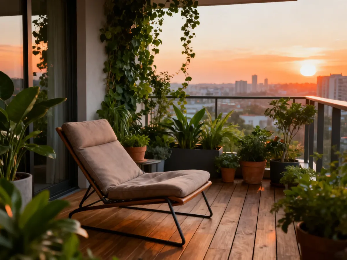 Przytulny balkon z drewnianą podłogą, wygodnym fotelem i bujną roślinnością w blasku zachodzącego słońca.